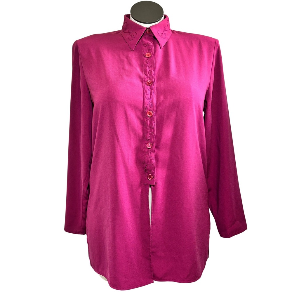 Sag Harbor Womens Magenta Pink Embroidered Button Down Blouse Long Sleeve Medium